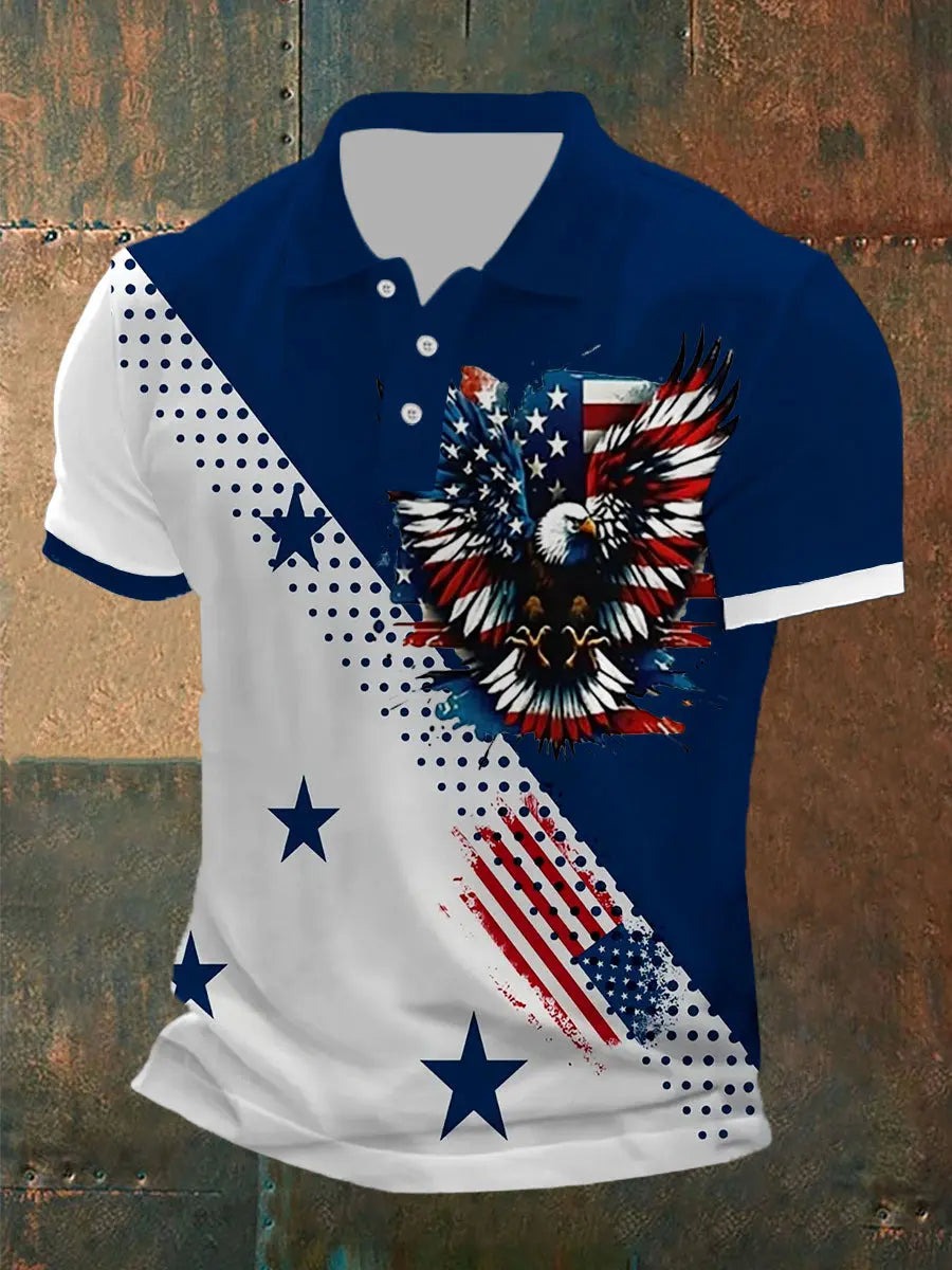 Flag Eagle Print Polo Shirt