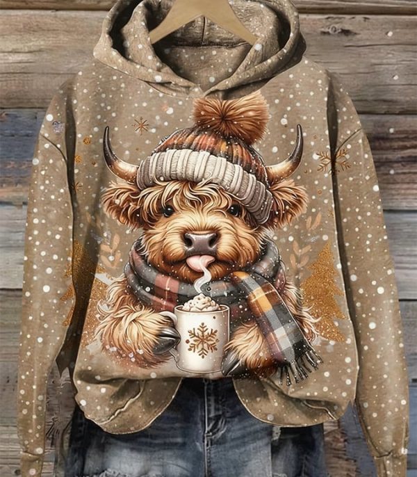 Women's Casual Highland Cow Print Long Sleeve Hooded Sweatshirt