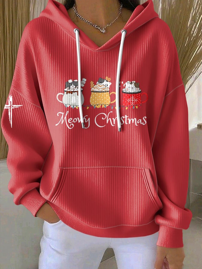 Women's Christmas Cute Cat Print Casual Hoodie
