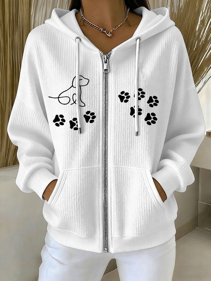 Women's Funny Animal Cat Paw Print Comfort Pocket Zipper Hoodie Sweatshirt Jacket