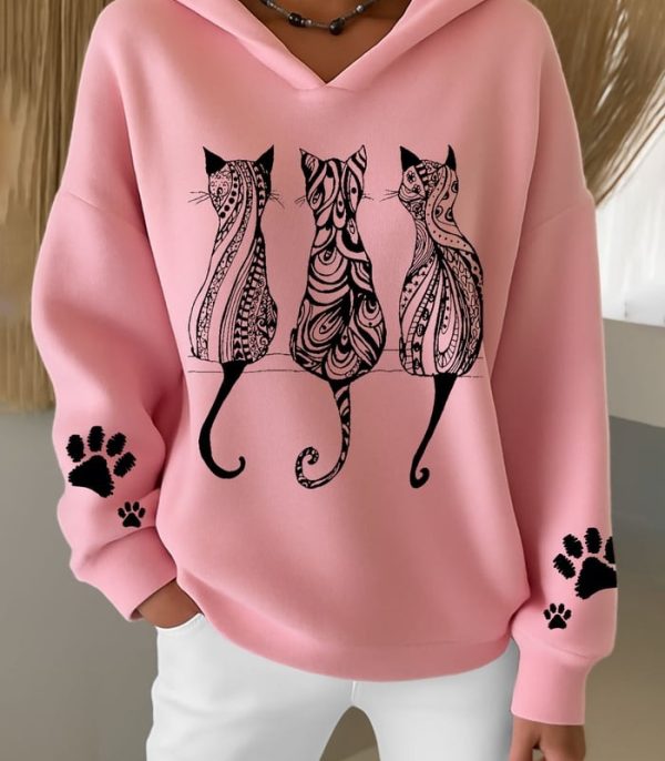 Women's Retro Animal Cat Paw Print Fleece Lined Hoodie