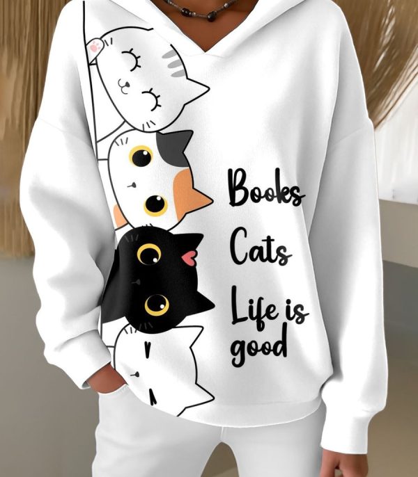 Women's Retro Books Cats Life Is Good Print Fleece Lined Hoodie