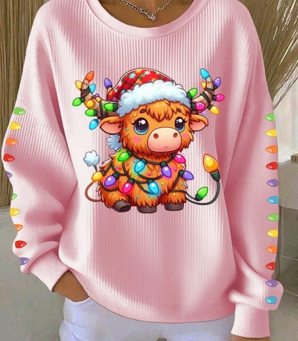 Women's Retro Christmas Highland Cattle Print Round Neck Sweatshirt