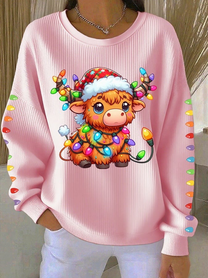 Women's Retro Christmas Highland Cattle Print Round Neck Sweatshirt